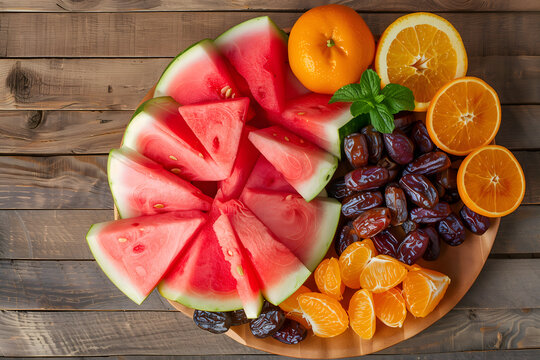 Healthy fruit platter served on a round tray, flat lay overhead shot