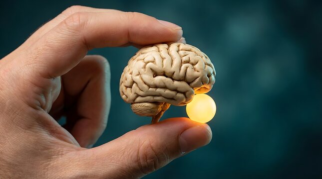 A hand gently holds a miniature human brain with a glowing lightbulb inside symbolizing thought and innovation