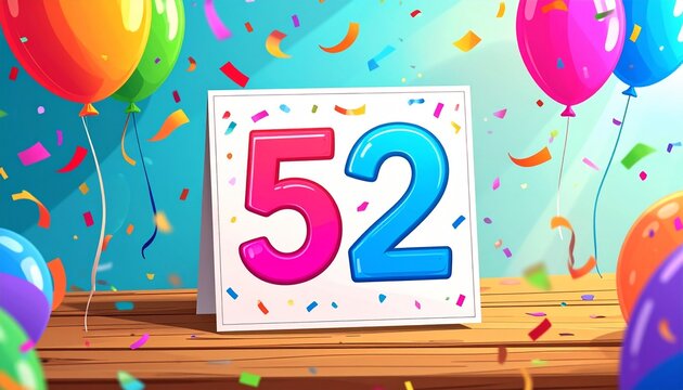 Birthday or anniversary card with number 52. Cartoon illustration with bright colors and balloons