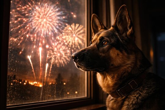 Alert dog gazes out window capturing the fireworks spectacle