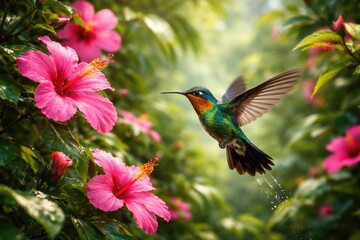 Fototapeta premium Energetic hummingbird darts around striking pink flowers in a verdant tropical habitat