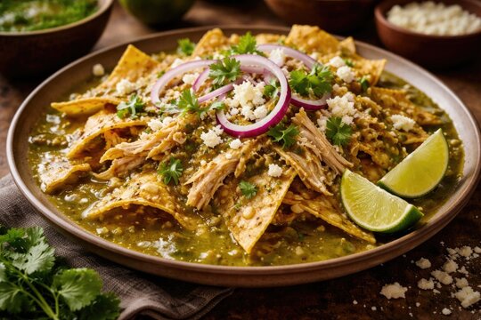 Authentic homemade chilaquiles served with rich green tomatillo sauce and tender chicken
