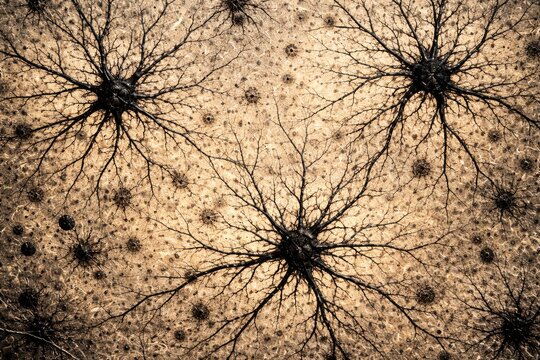Detailed view of astrocytes in grey matter stained with silver chromate via Golgi method