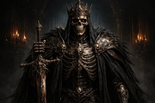 grim skeleton king standing with sword and ornate crown