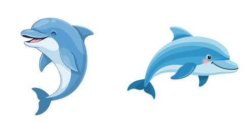 Obraz premium Two cartoon dolphins swimming joyfully, one smiling with its mouth open and the other with a gentle smile