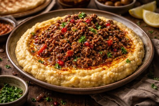Hearty ground meat entr&Atilde;&copy;e complemented by fluffy chickpea puree in Middle Eastern style