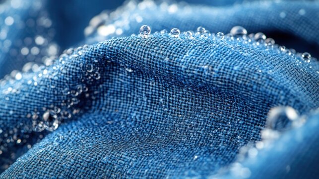 Water droplets on a blue fabric