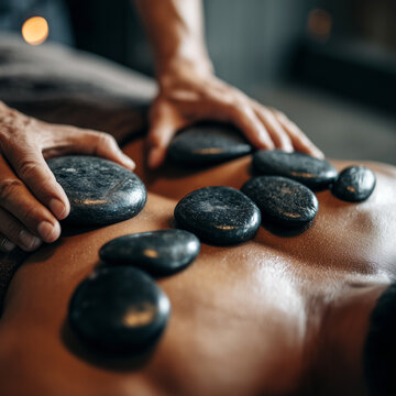 Escena relajante de bienestar que destaca la terapia con piedras calientes, el cuidado hol&iacute;stico, el alivio del estr&eacute;s y un ambiente de spa tranquilo. Piedras calientes y suaves.