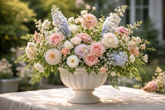 Clean and alluring appearance of fresh flowers potted in a classic white container