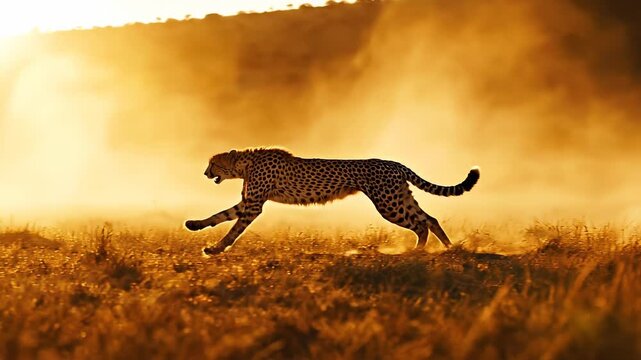 Tracking shot of cheetah running across grassland kicking up dust in golden backlight at sunrise on savanna plain