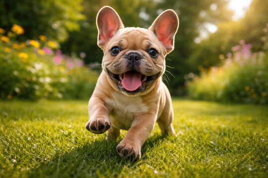 Energetic French Bulldog pup romping on emerald green garden grass during summer