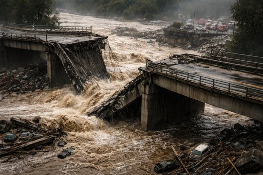 Damaged infrastructure with river bridge broken by flood waters