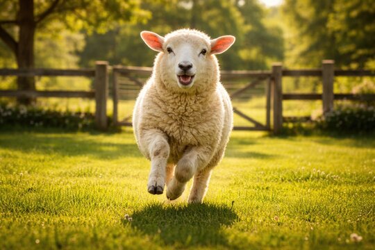 Cheerful pet sheep running on a gated green lawn under summer sunshine full length view
