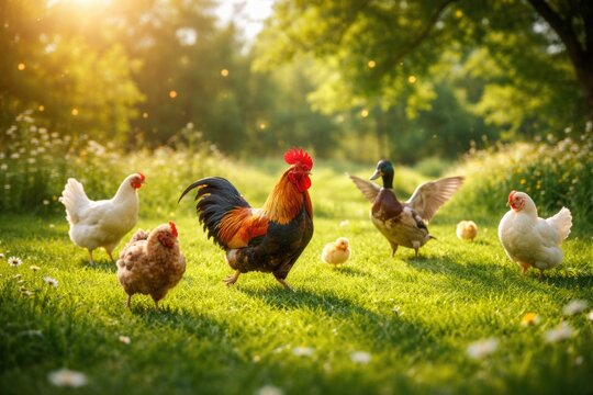 Energetic farm birds frolicking on emerald green grass lawn with clear copy space on a warm summer day