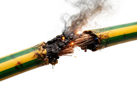 Damaged electrical cable with yellow and green insulation isolated against white