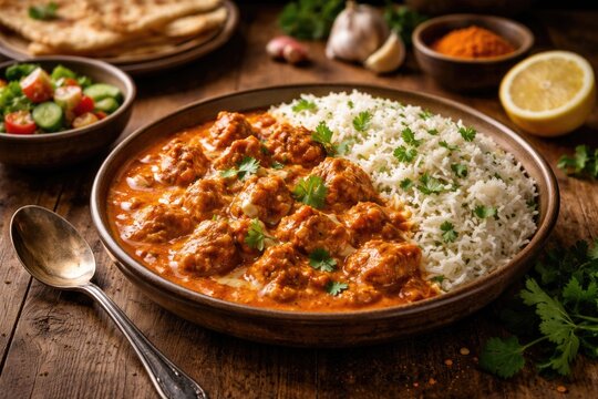 Hearty butter chicken and rice meal presented on natural wood surface with copy space