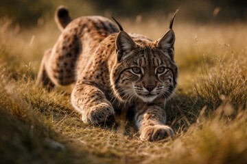Fototapeta premium Iberian Lynx Engaged in Playful Stalking on Grassland