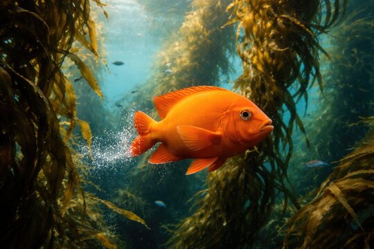 Active Garibaldi darting through thick kelp strands underwater