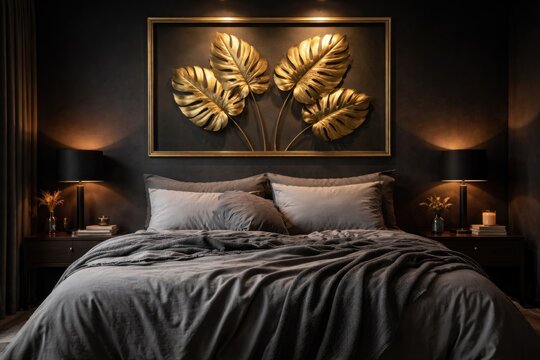 Double bed dressed in grey sheets and blanket against dark wall with golden leaf art inside vacant frame