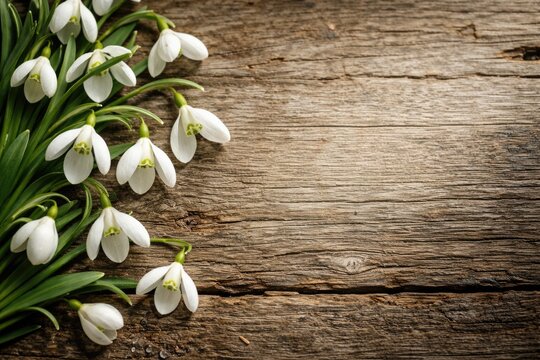 Delicate snowdrop flowers on weathered wood background featuring copy space