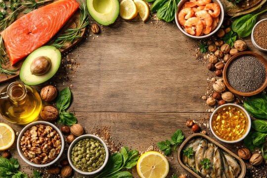 Nutrient heavy omega 3 food assortment viewed from top with area for custom messaging