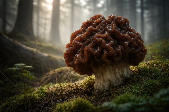 Close up of false morel mushroom texture amid a hazy woodland scene