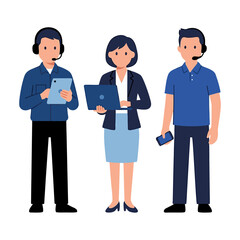 Fototapeta premium Three Customer Support Professionals with Headsets Laptop and Tablet Ready to Help Clients in Flat Style Vector Illustration on Transparent Background