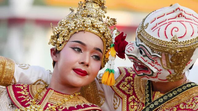 Traditional Thai Khon Dance Performance with Hanuman and Suphannamatcha Characters