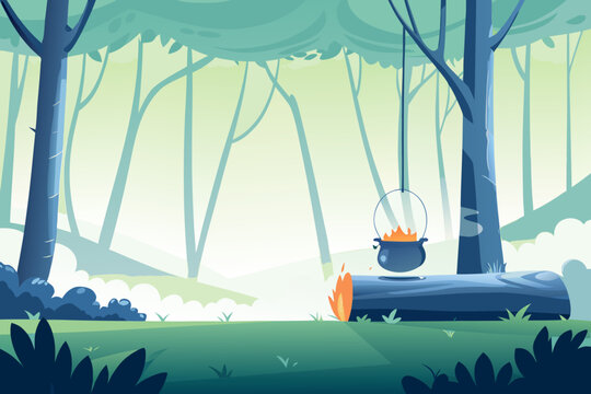 Cooking Rice in Metal Pot Over Campfire With Campe