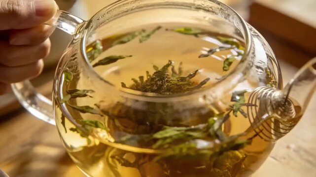 Lowering adult hand releasing loose leaf tea into glass teapot on wooden table, brewing infusion