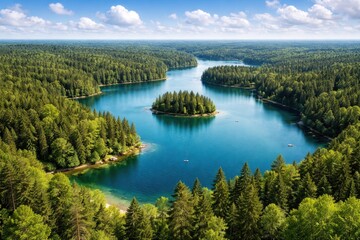 Fototapeta premium Aerial landscape featuring a serene lake embraced by thick forest during a bright summer day
