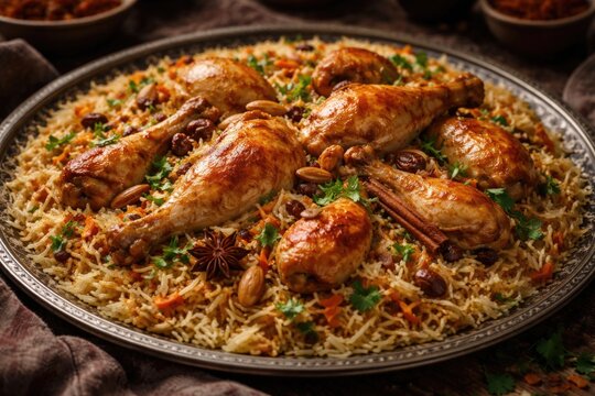 Authentic Kabsa dish with aromatic basmati rice and tender chicken pieces