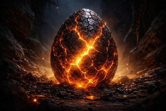 Illuminated dragon egg with cracked texture in three dimensional visualization