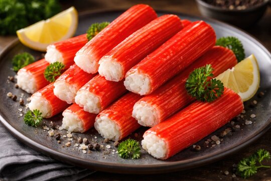Detailed studio capture of imitation crab sticks crafted from surimi on serving plate