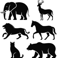 Fototapeta premium Minimal black silhouette set of animal in cartoon theme vector illustration