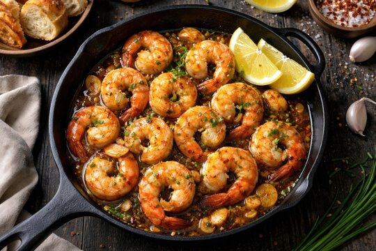 Authentic Spanish garlic shrimp served with lemon and chives on black wooden table from vertical perspective