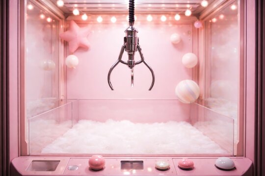 Large claw game machine empty inside with pastel pink decorative elements close-up