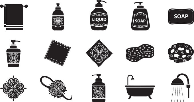 Black and white of bathroom hygiene and cleaning soap liquid soap bar soap towel