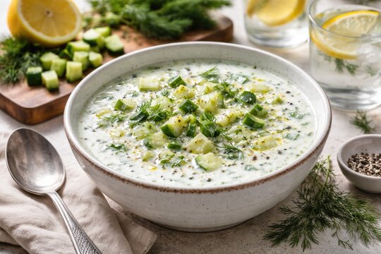 Light and tangy chilled dill yogurt soup with diced cucumbers