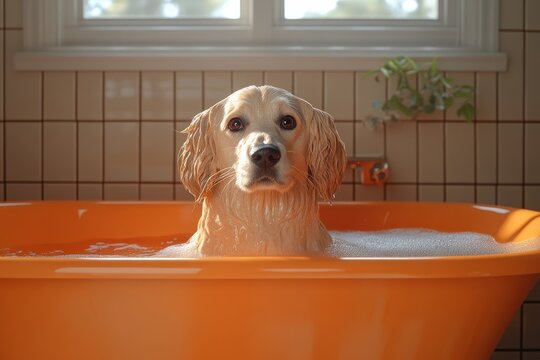 Dog in bathtub with bubbles during bath time in bright room