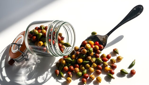 "Glass jar tipped on its side spilling colorful seeds onto white surface, black spoon beside partially covered by scattered seeds, seeds in shades of green, red, yellow, and brown, bright lighting cas