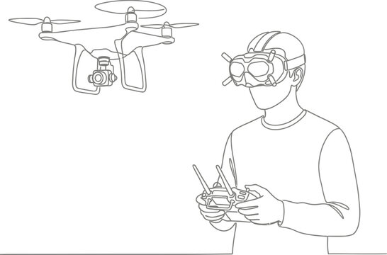 Continuous line drawing of a man operating a drone using FPV goggles and remote control.
