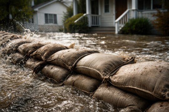 Close perspective on protective sandbags against floodwaters showing impact on homes and insurance relevance