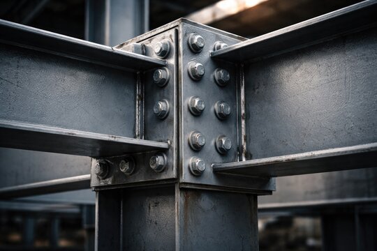 Close range shot of steel beams mounted with bolts and coated in gray primer ahead of welding