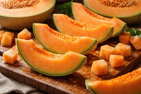 Juicy cantaloupe melon segments artfully laid out