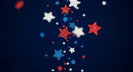 Fototapeta premium Red white and blue sparkly stars falling on dark background festive night sky with glittering star confetti