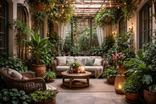 Interior view of a cozy patio decorated with abundant greenery in flowerpots