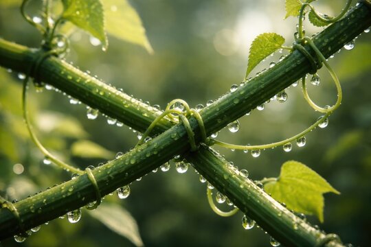 Intimate look at Cissus quadrangularis vine's unique green framework adorned with tiny dew droplets against a subtle blurred background