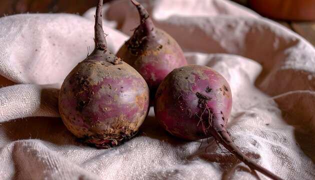 Drei frisch geernte Rote Beete Knollen auf einem rosafarbenen Leinentuch