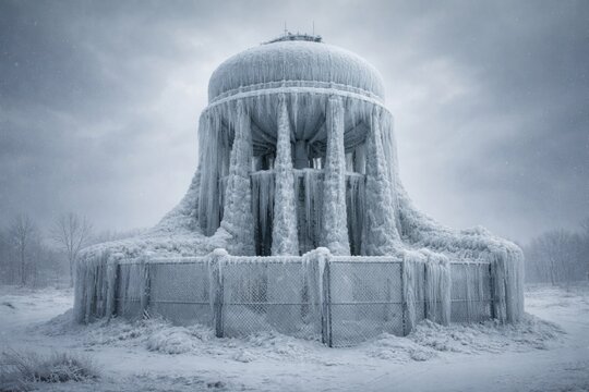 Frozen water tower enclosure in bleak winter environment